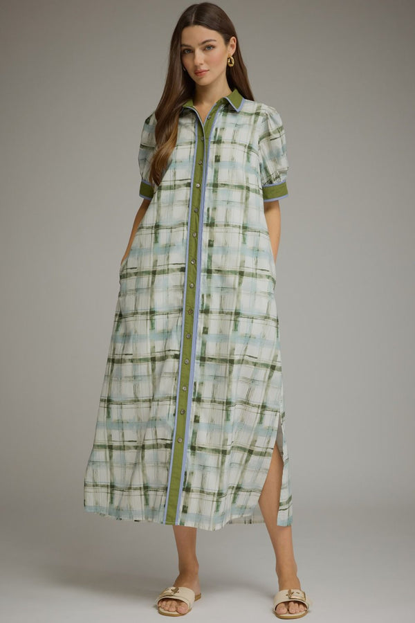 Olive Plaid Short Puff Sleeve Midi Dress