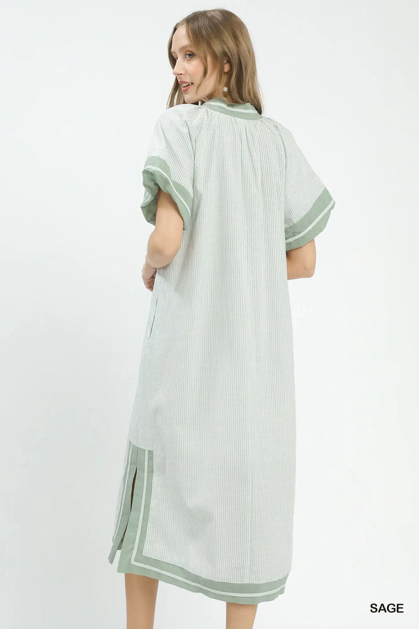 Sage Striped Mixed V-Neck Midi Dress