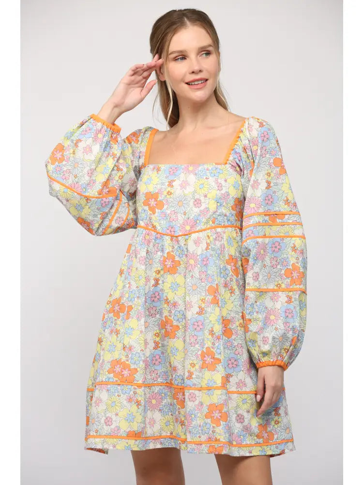 Square Neck Line Floral Print Cotton Babydoll Dress