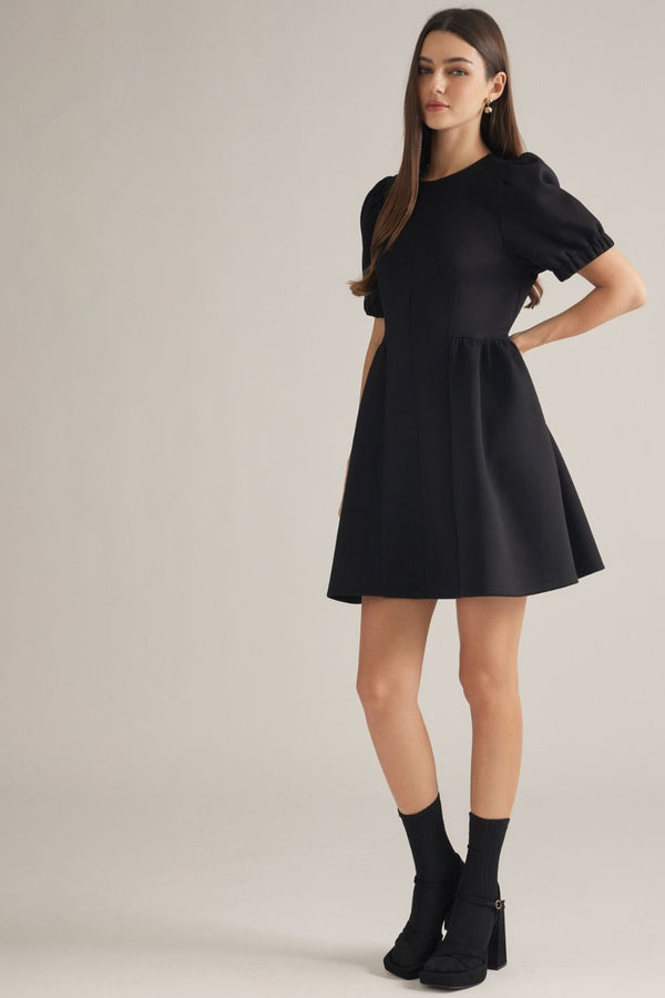 Solid Black Puff Sleeve Mini Dress w Round Neck