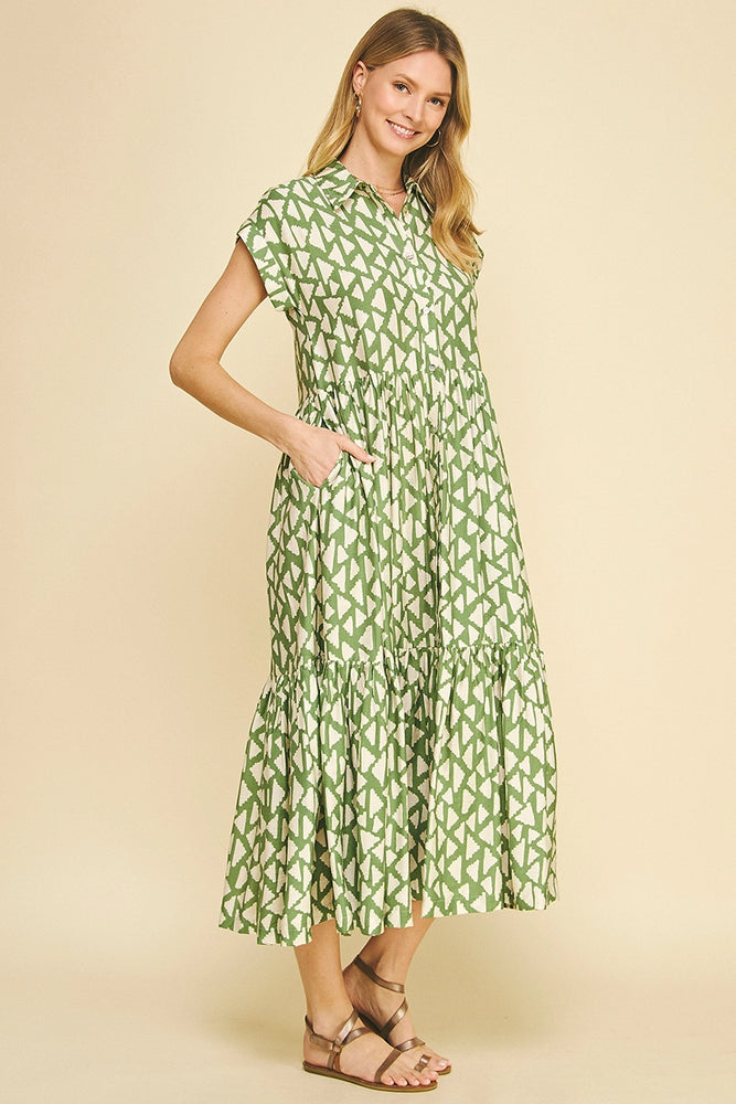 Print Tiered Button Down Maxi Dress - Green