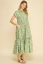 Print Tiered Button Down Maxi Dress - Green