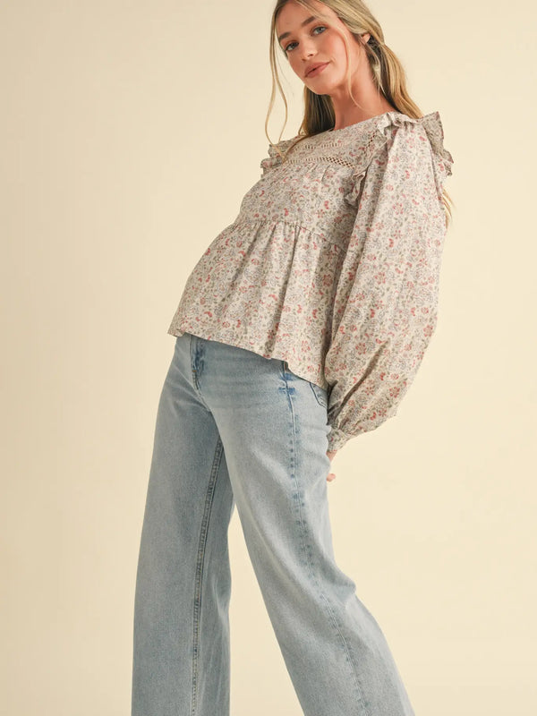 Cream Floral Ruffled Puff Sleeve Lace Trim Top