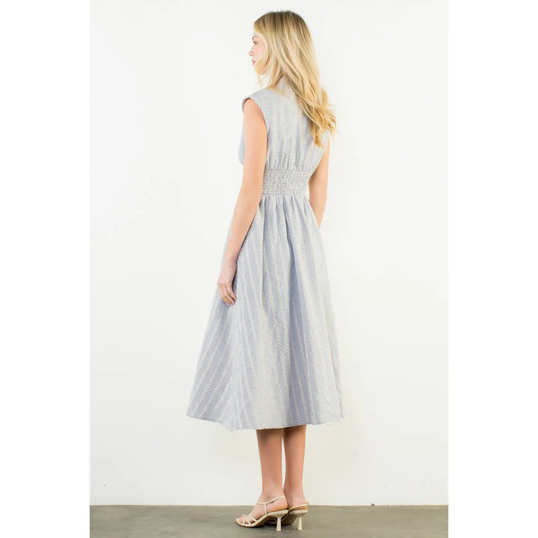 Blue Sleeveless Striped Pattern V-Neck Dress