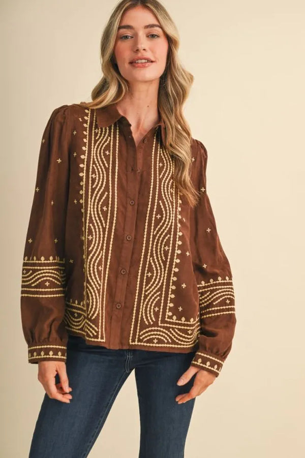 Suede Chocolate Brown Embroidered Top
