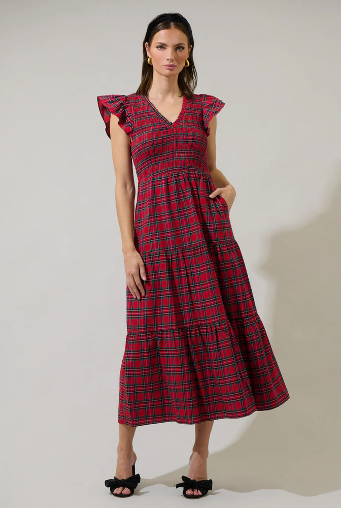 Arvada Plaid Sunfire Smocked Bodice Tiered Midi Dress