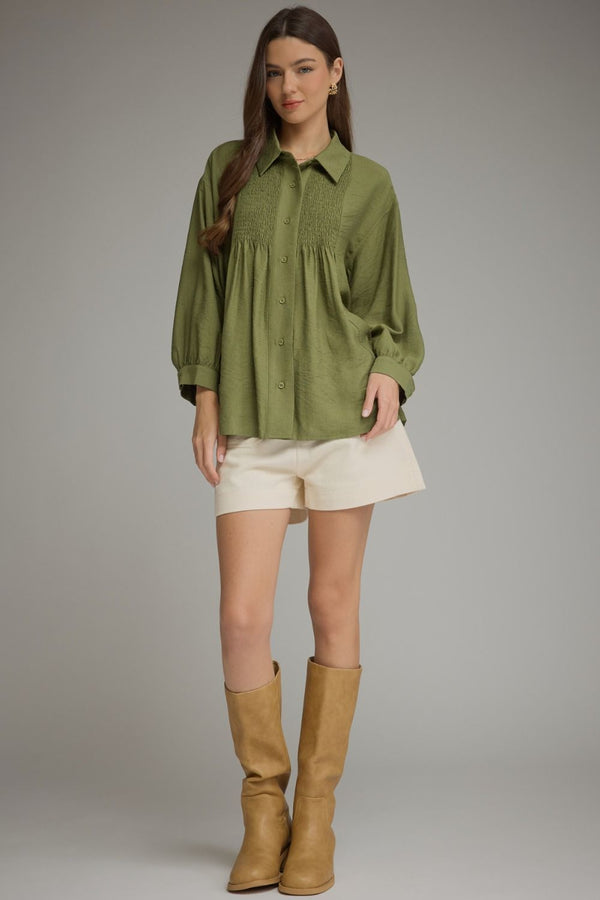Solid Olive Long Sleeve Top featuring Smocked Detailing
