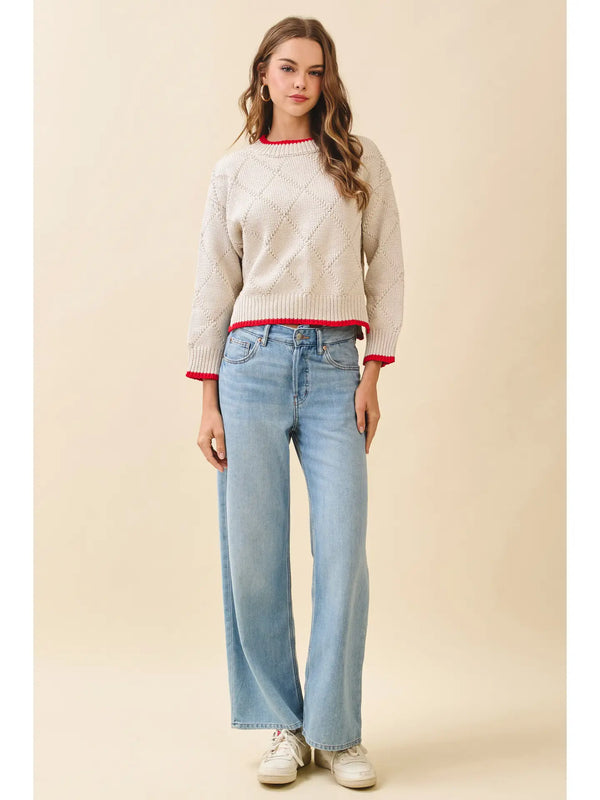 Contrast Red Trim Diamond Pattern Knit Sweater