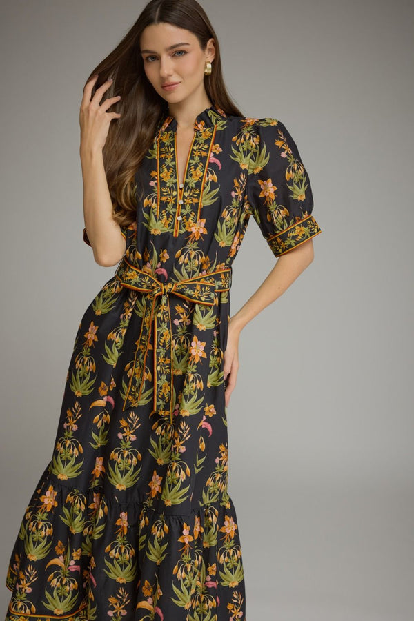 Black Floral Print Short Puff Sleeve Midi Dress