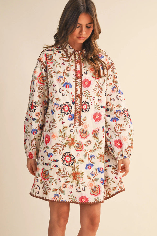 Cream Blanket Stitch Buttoned Mini Dress