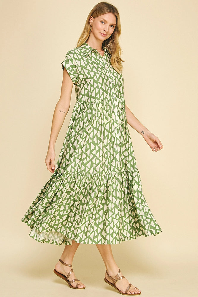 Print Tiered Button Down Maxi Dress - Green