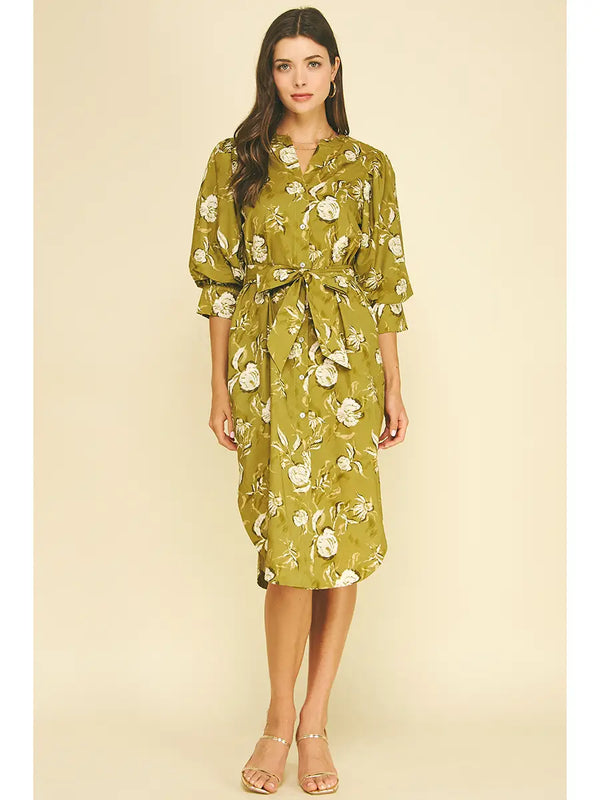 Floral Print Button Down Midi Dress | Golden Olive