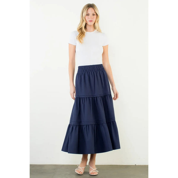 Navy Smocked Waist Tiered Long Skirt