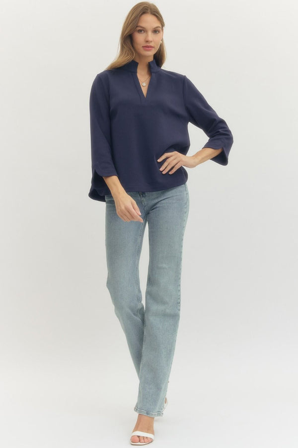 Navy Solid Split Neck 3/4 Sleeve Top