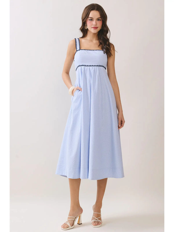 Contrast Trim Detail Empire Waist Blue Midi Dress