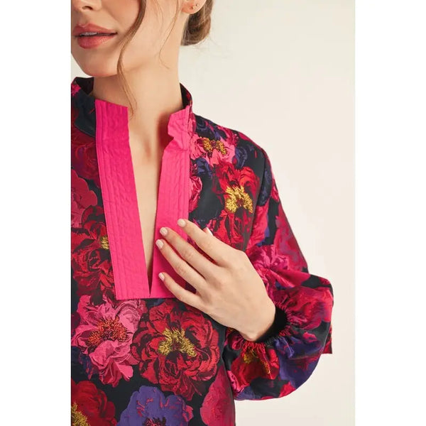 Hot Pink Puff Sleeves Floral Midi Dress