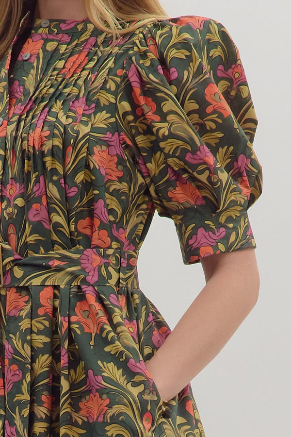 Olive Botanical Print Puff Sleeve Mini Dress w Buckle Belt