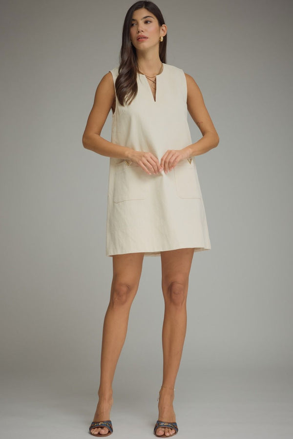 Ecru Mini Dress Featuring Front Pockets With Metal Accent