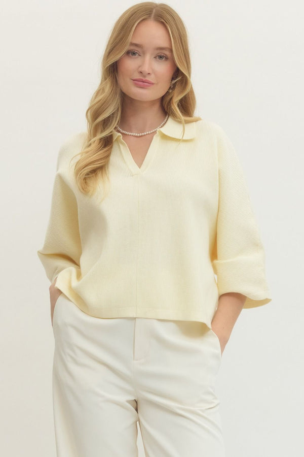 Butter Solid Knit Top w V-neck Collar