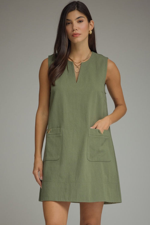 Olive Mini Dress Featuring Front Pockets With Metal Accent