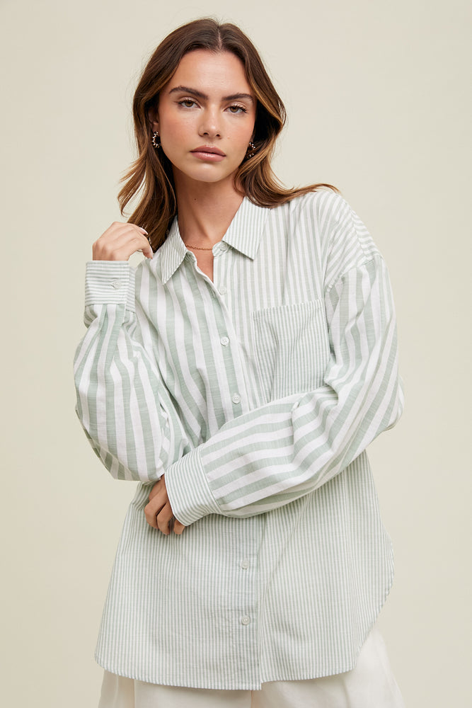 Multi-Stripe Button Up Shirt Green/White