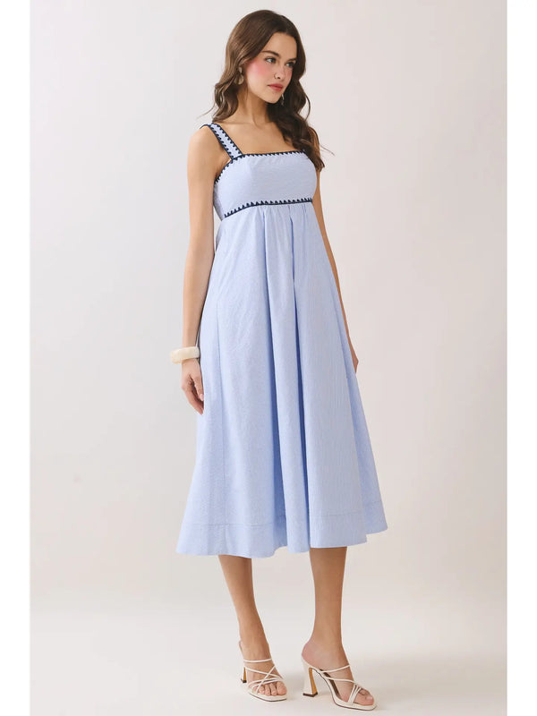 Contrast Trim Detail Empire Waist Blue Midi Dress