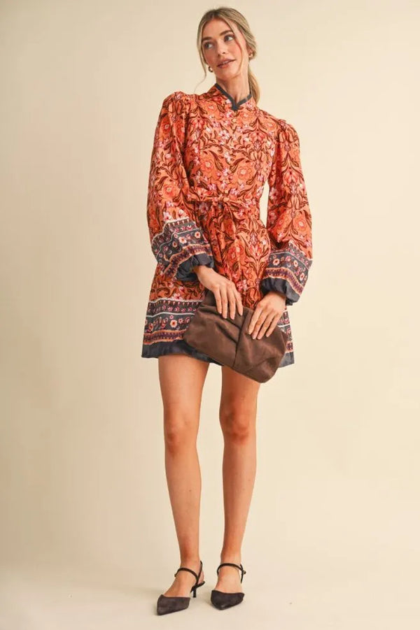 Mandarin Salmon Floral Border Print Belted Mini Dress