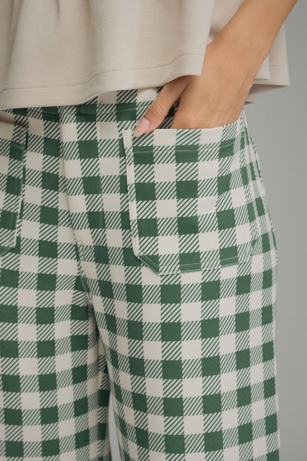 Green Gingham Wide Leg Pants Featuring Front Patch Pockets