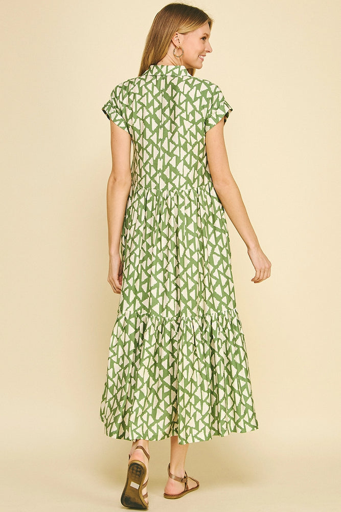 Print Tiered Button Down Maxi Dress - Green