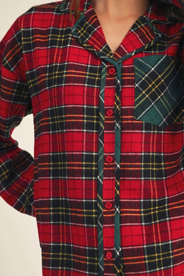 Red Plaid Pajama Set | Button Down Top & Drawstring Pants