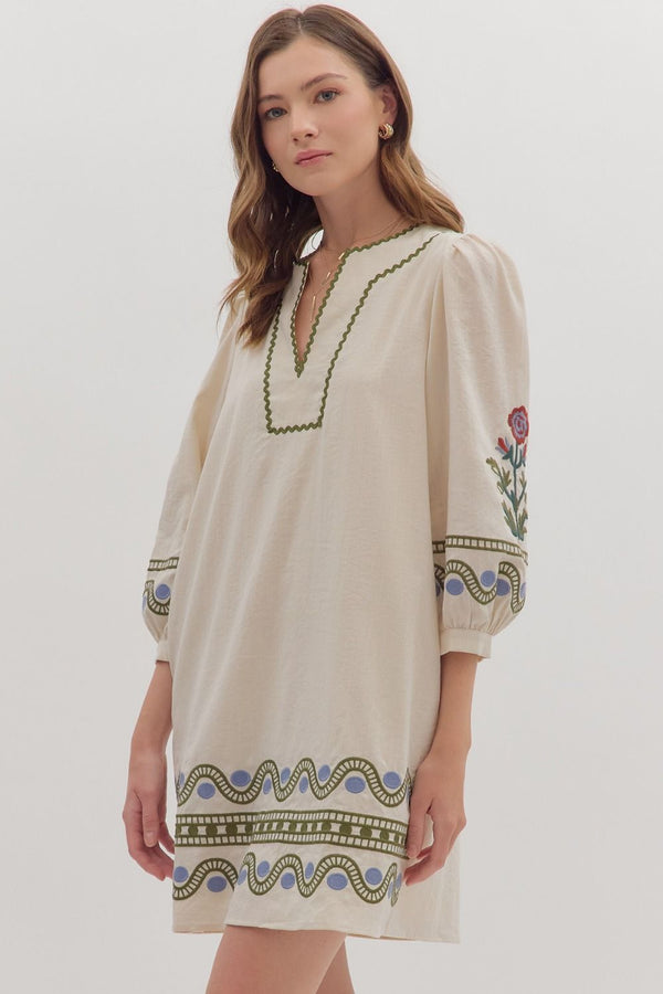 Ecru 3/4 Puff Sleeve Mini Dress Embroidered w Scallop Accent