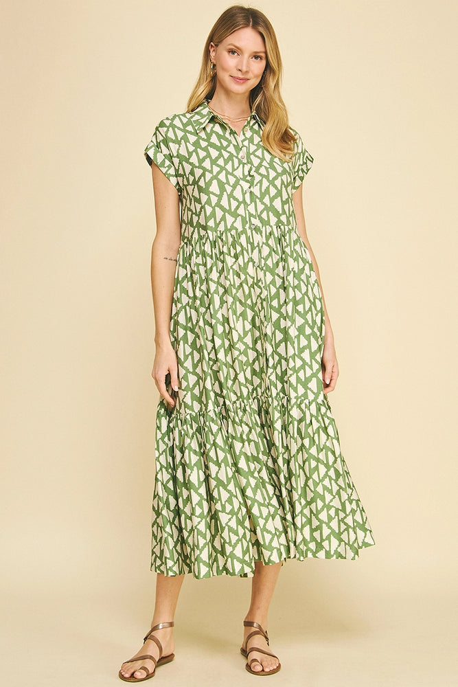 Print Tiered Button Down Maxi Dress - Green