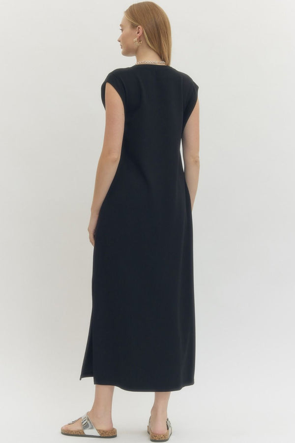 Solid Black Jersey Knit Pullover Midi Dress