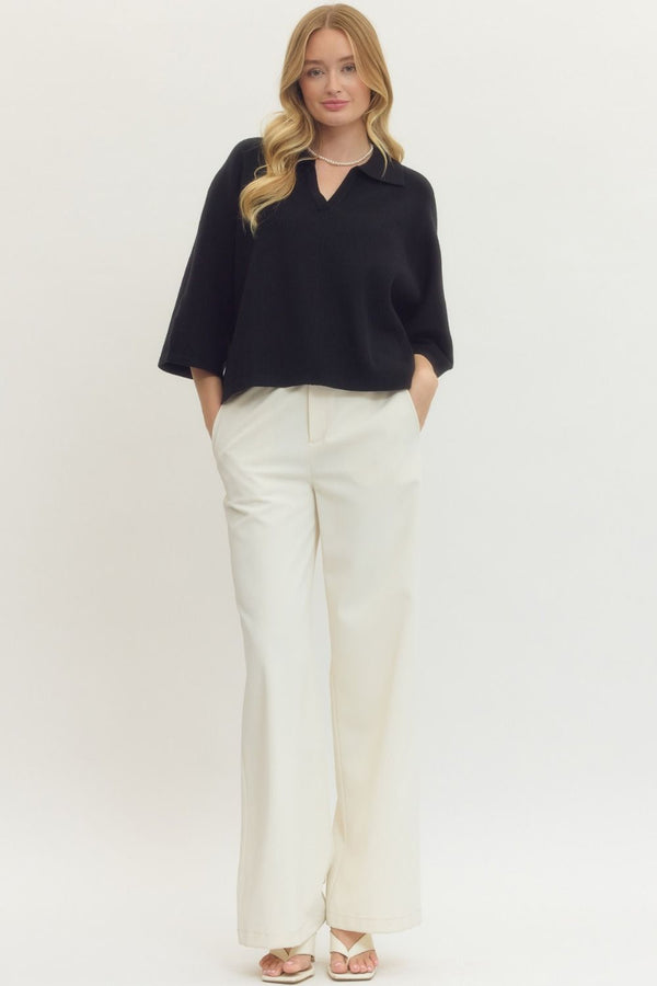 Black Solid Knit Top w V-neck Collar