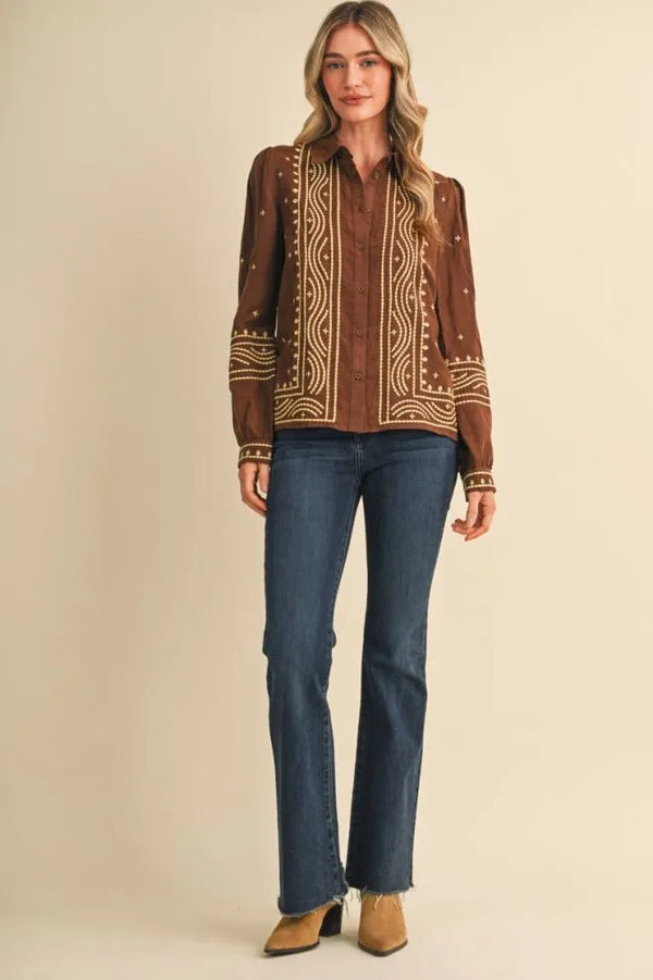 Suede Chocolate Brown Embroidered Top