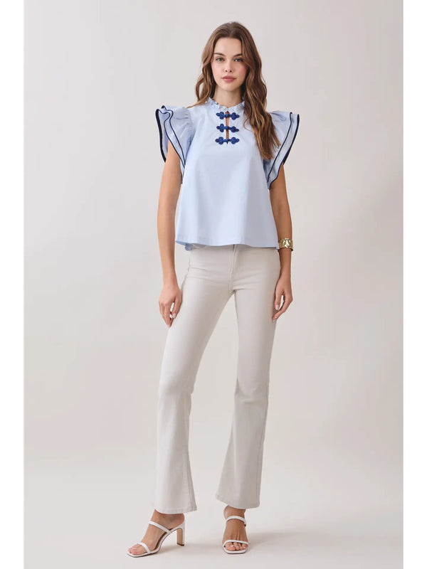 Ruffle Layered Flutter Sleeves Contrast Piping Top