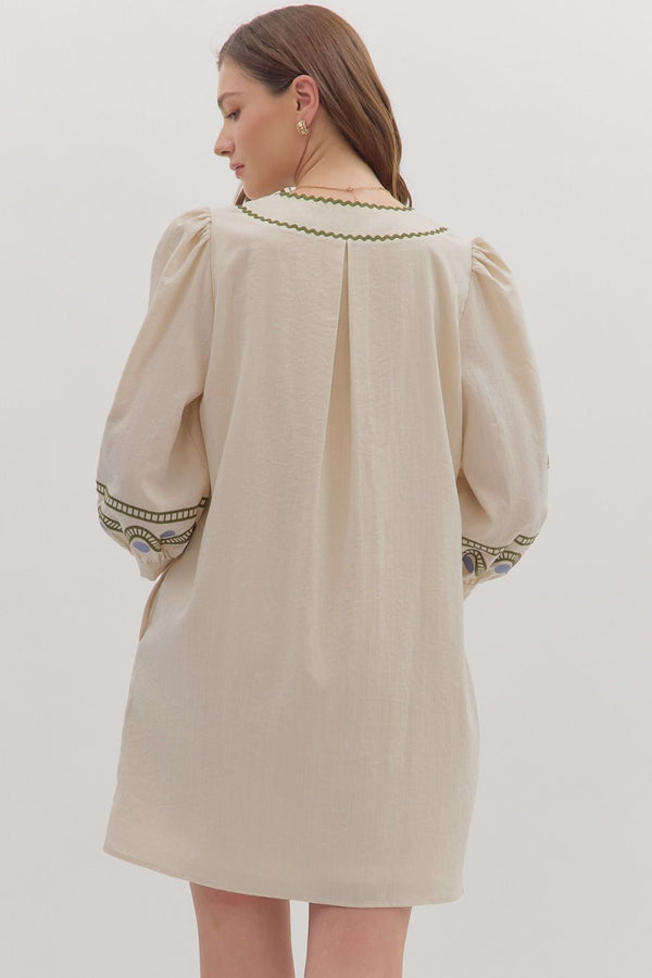 Ecru 3/4 Puff Sleeve Mini Dress Embroidered w Scallop Accent