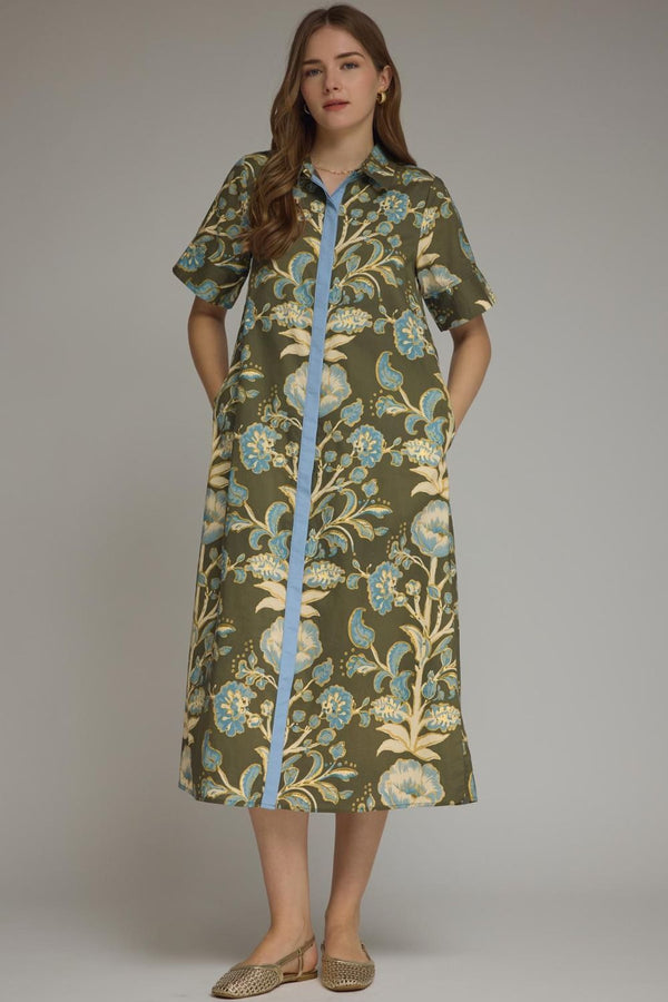 Olive Floral Print Short Sleeve Midi Dress w Contrast Trim Detail