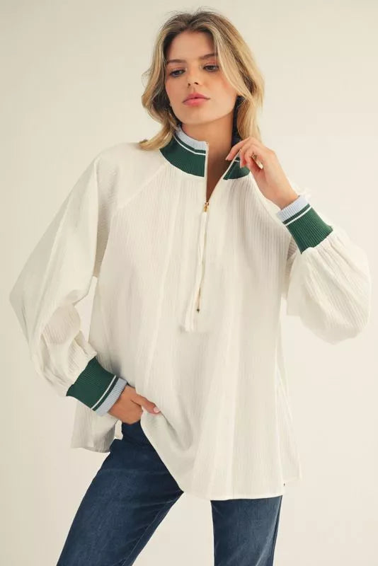 Off White Loose Fit Top with Contrast Band Detail
