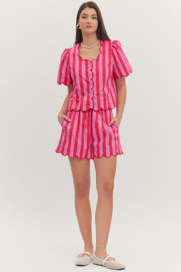 Striped Red & Pink Striped Elastic Waist Shorts w Scallop Hem