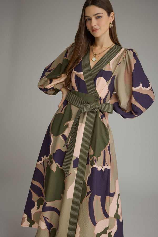 Olive Printed Long Balloon Sleeve Midi Dress