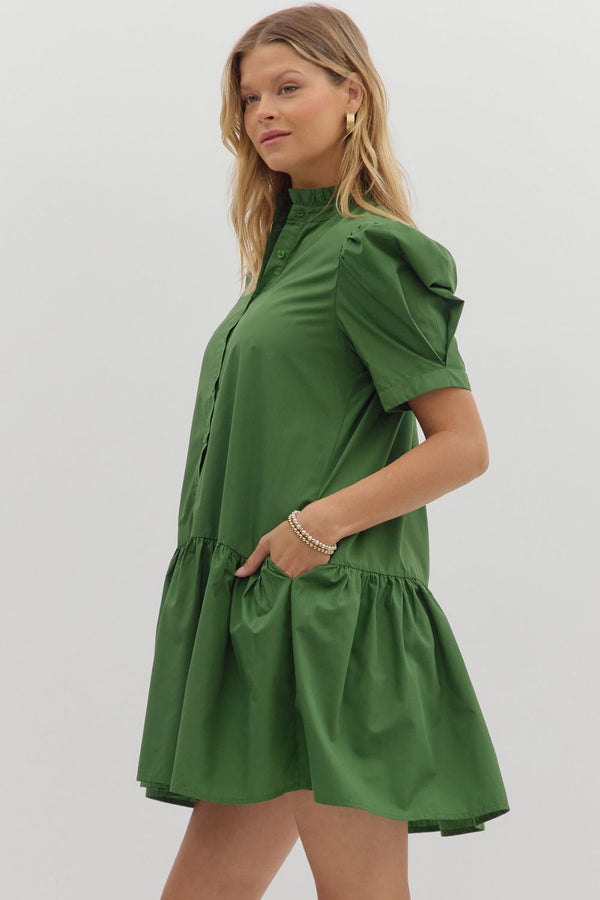 Forest Green Pleated Puff Sleeve Ruffle Mini Dress