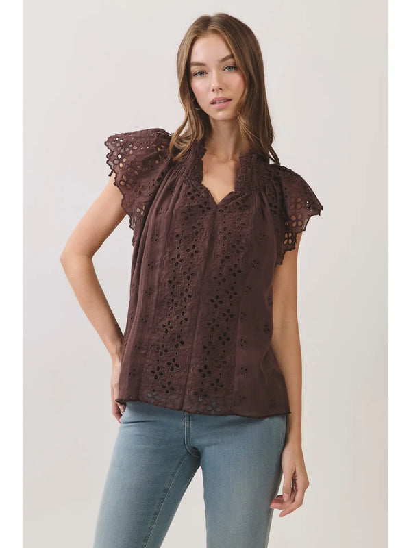 Eyelet Embroidered Chocolate Flutter Sleeve Top