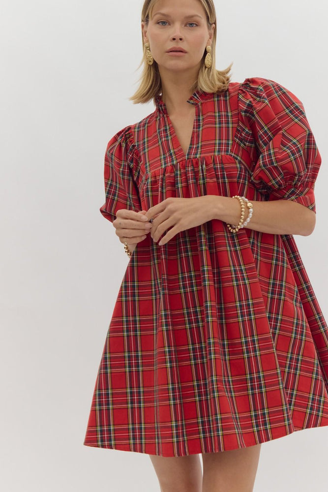 Red Plaid V-neck Mini Dress