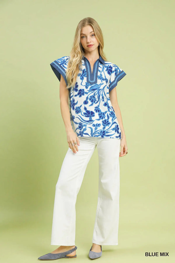 Blue Floral Split Neck Top