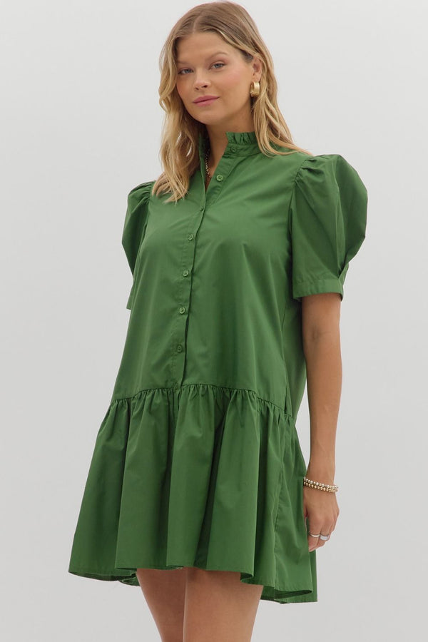 Forest Green Pleated Puff Sleeve Ruffle Mini Dress