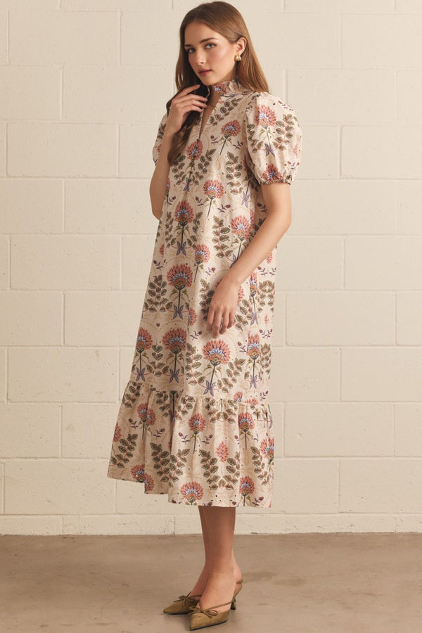 Eyelet Floral Print Puff Sleeve Midi Dress Featuring Ruffle Neck Detail