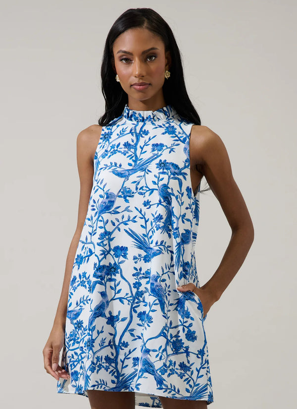 Ciela Floral Benson Trapeze Mini Dress White Blues