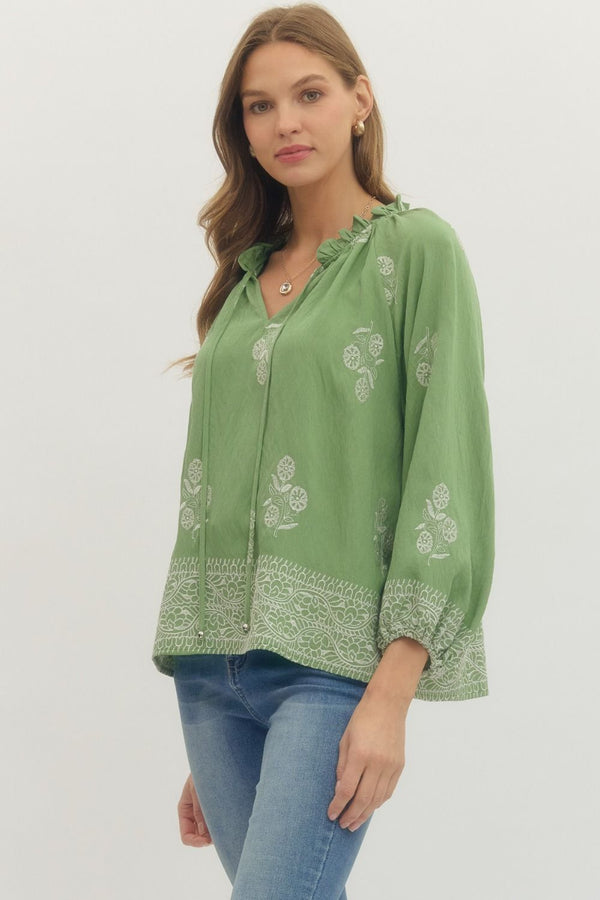 Sage Floral Print Raglan Puff Sleeve w Tie Detail & Ruffled Neck