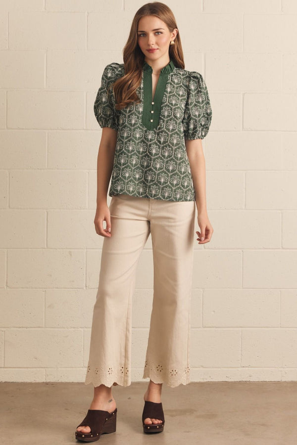 Army Embroidered Puff Sleeve Top w Ruffle Neck